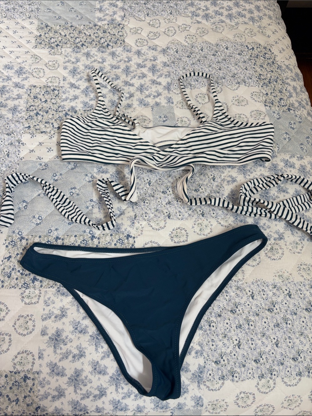 Striped Tie-Front Bikini Top with Deep Teal Bikini Bottom